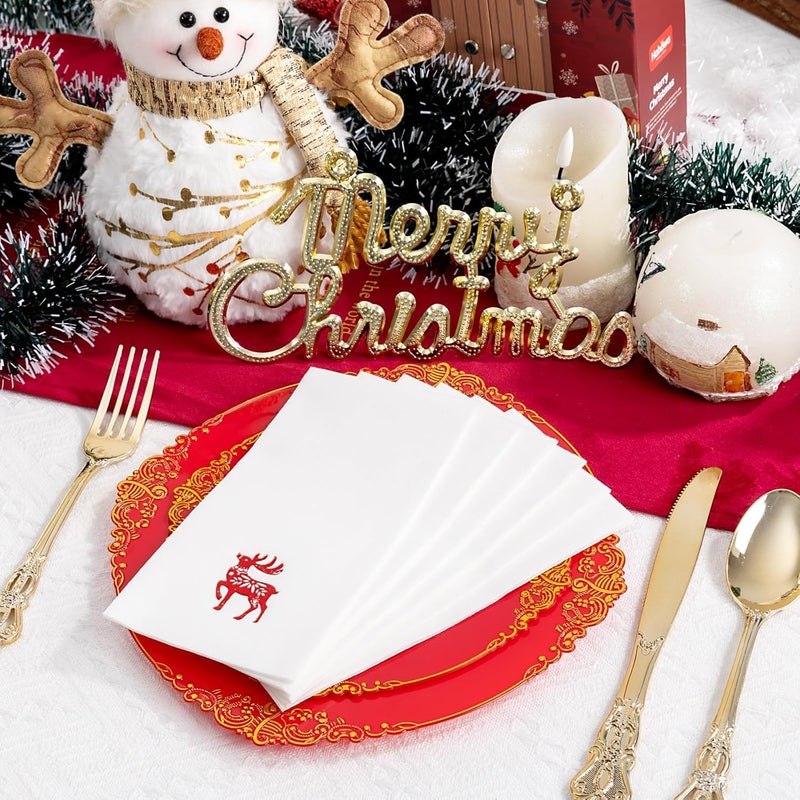 Joyido 50 Pack Christmas Deer Paper Napkins - Christmas Red Dinner Napkins - Cloth-like Disposable Hand Towels for Xmas Holiday Table Bathroom Decor Party - Image 4